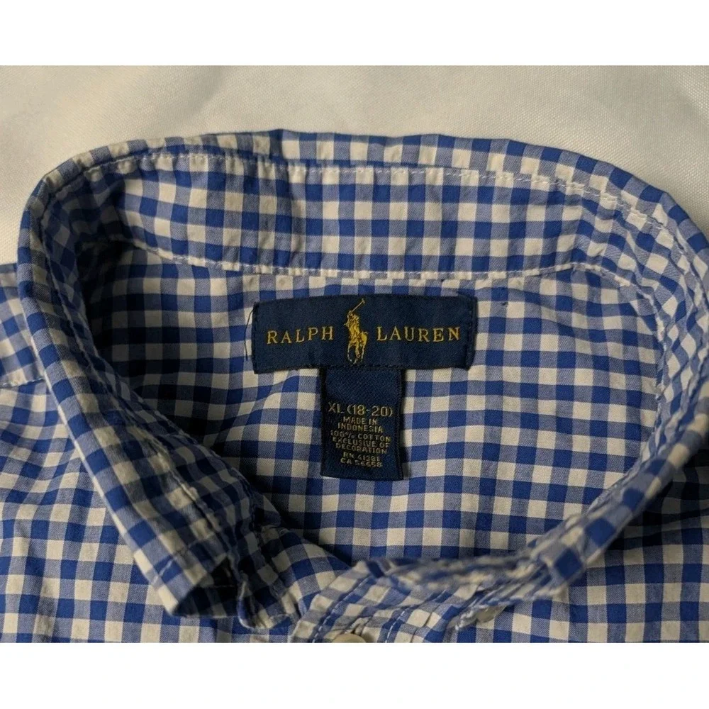 Polo Ralph Lauren Boys 18-20 Blue & White Gingham Button Up Shirt Long Sleeve